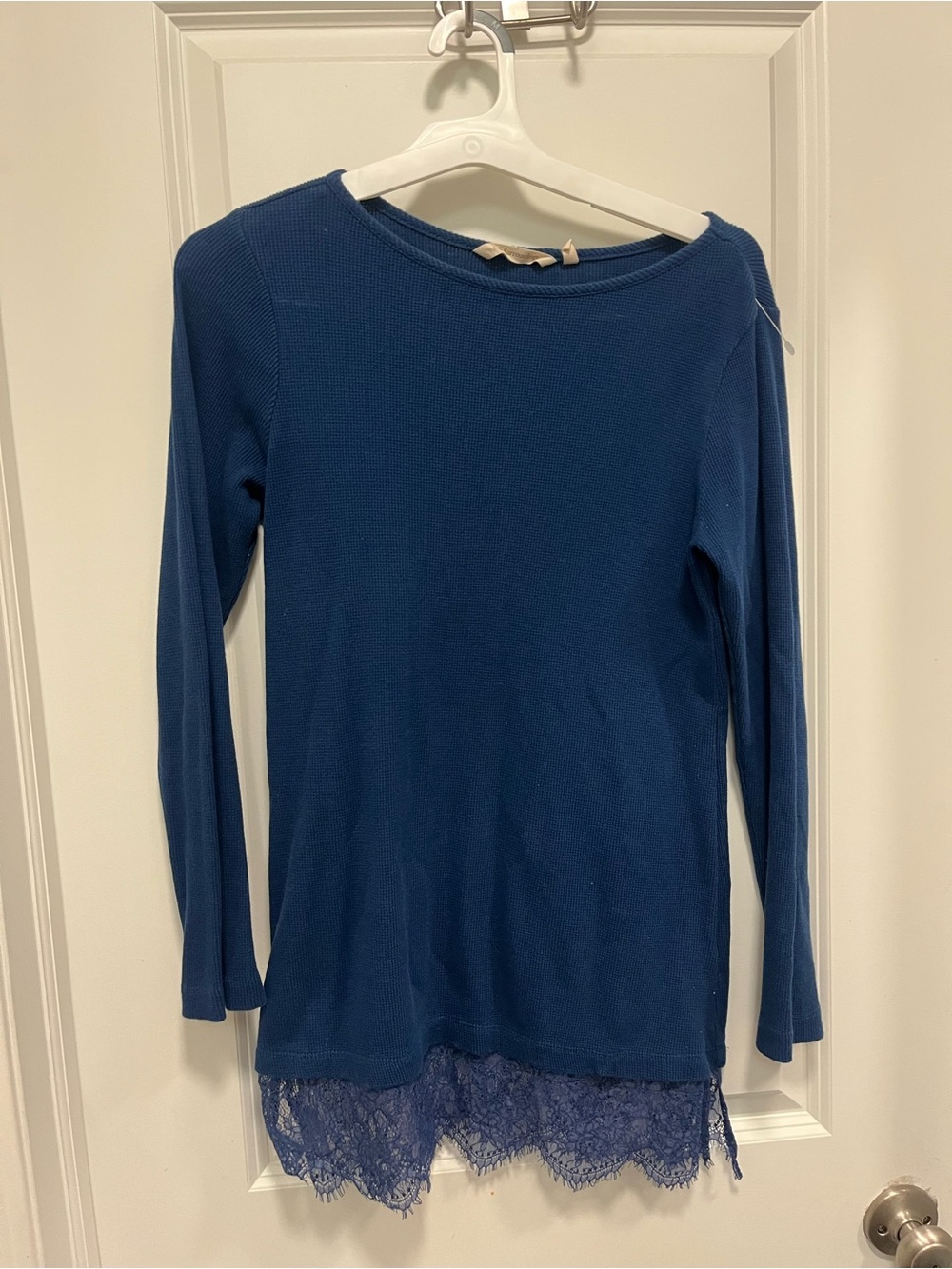 Soft Surroundings, Tiny Waffle Knit Sweater With Lace Trim, Navy Blue Size Small